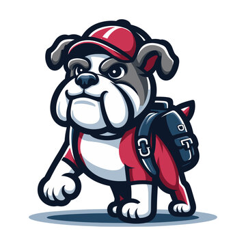 Cute cartoon bulldog puppy with backpack and hat mascot character design vector, logo template isolated on white background