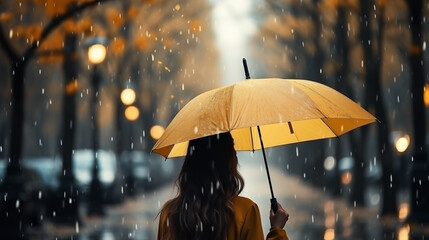a girl with a yellow umbrella walking in the park