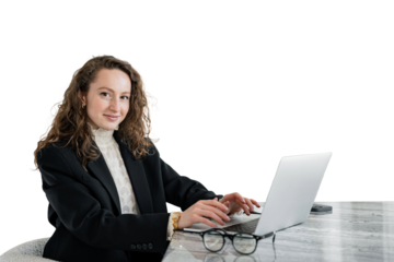 A female manager uses a laptop of a young programmer online student training. Transparent background.