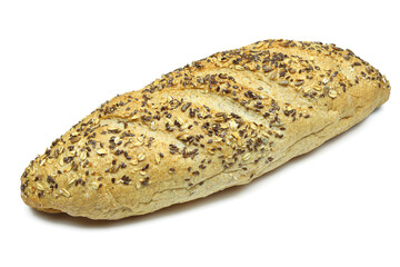 Whole bread bun covered with seeds and oats 
isolated on white background