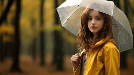 girl in a stylish yellow jacket, holding a translucent umbrella while strolling through a forest park in the rain.