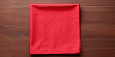 Red kitchen napkin isolated on table background. Folded cloth for mockup, with copy space. Flat lay. Minimally styled.