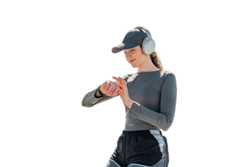 An athletic woman uses a fitness watch to watch the result after a workout. Transparent background.