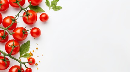 Fresh cherry tomatoes with seasonings on a light white surface can be seen from above.