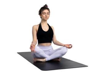 A yoga woman on a mat stands balanced and calm in an asana pose. Transparent background.
