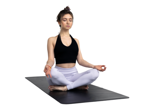 A yoga woman on a mat stands balanced and calm in an asana pose. Transparent background.