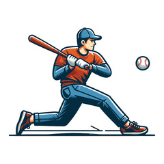 Baseball softball player in action vector illustration, hitter swinging with bat design template isolated on white background