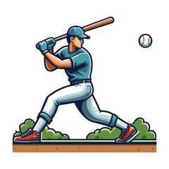 Baseball softball player in action vector illustration, hitter swinging with bat design template isolated on white background