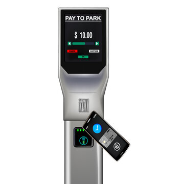 Parking meters.Parking lot with authorized parking machine.Self service parking pay.Wireless, contactless or cashless payments, rfid nfc