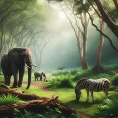 Poster Elephants and zebra in forest grazing  © Anjum Ilyas