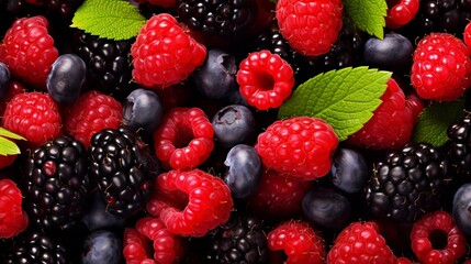 Fresh summerberries, blueberries, red currants, strawberries, and blackberries in a top view.