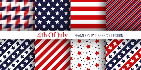 American vector seamless patterns collection. Classic stars and stripes ornaments in blue, red and white colors. Best for textile, wallpapers, wrapping paper festive decoration. - obrazy, fototapety, plakaty