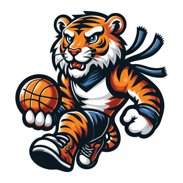 cartoon tiger playing basketball sport mascot character design vector, logo template isolated on white background
