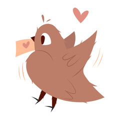 Hand draw bird with hearts and letter for Valentine's day.Peach fuzz, pink, brown and red colors.Vector illustration on white background.Cartoon. For postcard, package, wrapping and wallpaper.