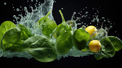 Smooth Fresh organic raw green Spinach leaf Vegetables falling into water and splashes