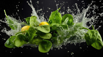 Smooth Fresh organic raw green Spinach leaf Vegetables falling into water and splashes created with Generative AI Technology