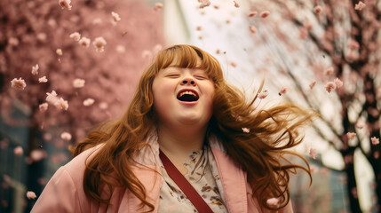 Modern happy young smiling girl girl with Down syndrome against the background of blooming pink cherry trees and the metropolis of the city.