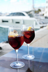 Spanish vermut(vermouth) to drink at a bar in a yacht harbor