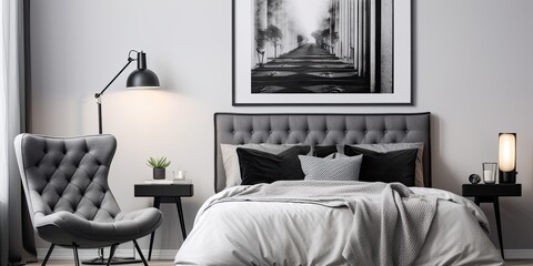 Contrasting black and white bed poster in a gray bedroom with chair and lamp.
