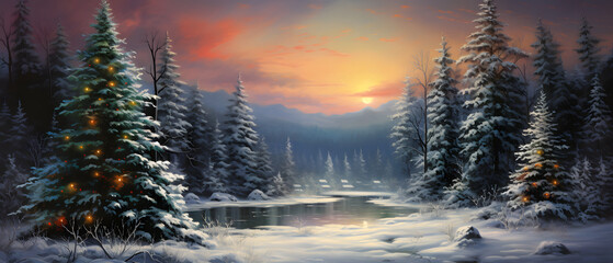 A serene winter wonderland, where the frost-kissed conifers stand tall against a fiery sunset, and the frozen river sparkles under the soft glow of the moon - Powered by Adobe