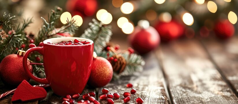 Hot or cold drinks, snacks, pomegranate, cozy items, Christmas decorations.