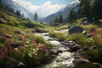 Fototapeta premium A picturesque view of a calm stream meandering through a vibrant and enchanting forest of lush green foliage, A lush valley filled with wildflowers and a bubbling brook, AI Generated