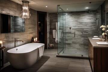 This image depicts a bathroom featuring a tub and sink, providing a practical and welcoming environment, A luxurious modern bathroom with a soaking tub and glass shower, AI Generated