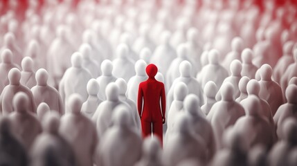 power of individuality amidst a blurred crowd of white human figures, with one bold red figure taking center stage, conveying the essence of uniqueness and diversity