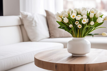 Minimal living room bouquet of tulips on coffee table near sofa close-up. Floral seasonal interior decor