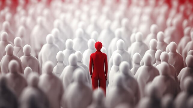power of individuality amidst a blurred crowd of white human figures, with one bold red figure taking center stage, conveying the essence of uniqueness and diversity