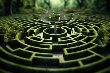 A person stands in the middle of a maze, searching for an exit, A maze representing a challenging business strategy, AI Generated