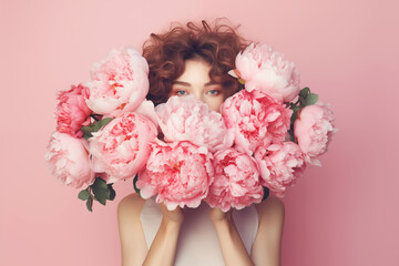 Faceless woman holds peonies flowers. Mental health, women's day or mother's day