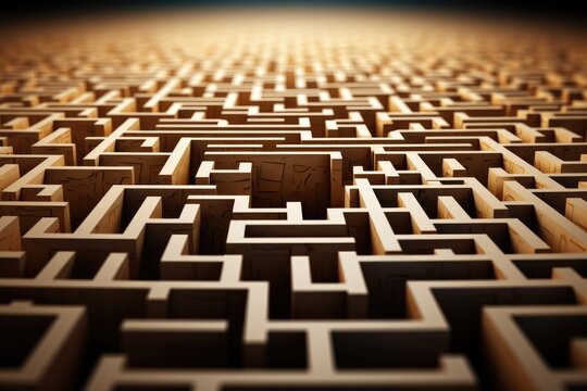 An image of a massive maze with a bright light shining in the background, A maze representing a challenging business strategy, AI Generated
