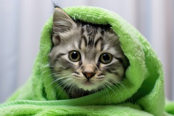 A cute kitten lies in a towel, looking cozy and playful, with whiskers and fuzzy fur.