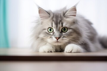 A lovely and curious grey kitten with fluffy fur, sitting and looking, showcasing its adorable features.