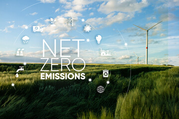 Net zero , carbon neutral concept. Net zero greenhouse gas emissions target. Climate neutral long...