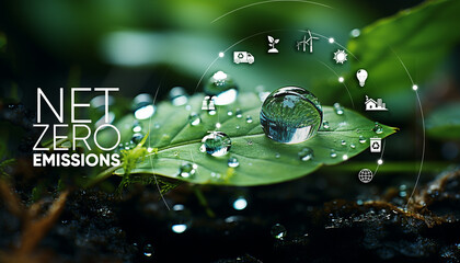 Net zero emission. Fresh green leaf with dew drop symbolizing nature growth  - obrazy, fototapety, plakaty