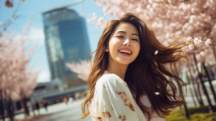 Modern happy young smiling Asian woman girl on the background of blooming pink cherry trees and metropolis city. - obrazy, fototapety, plakaty
