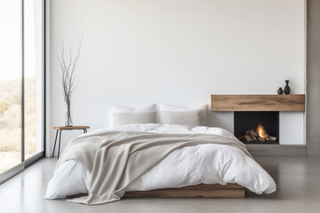 Fototapeta na wymiar Bedroom with a fireplace and large window in minimal style