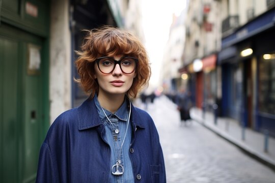 portrait of a young woman with short red hair wearing glasses and a blue denim jacket standing in a street