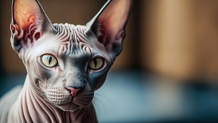 Sphynx cat with piercing eyes and detailed wrinkles, sitting indoors, exuding curiosity