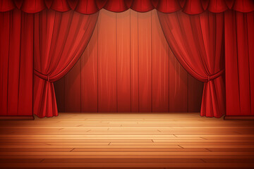 Red stage curtain and wooden floor, cartoon, ai generative