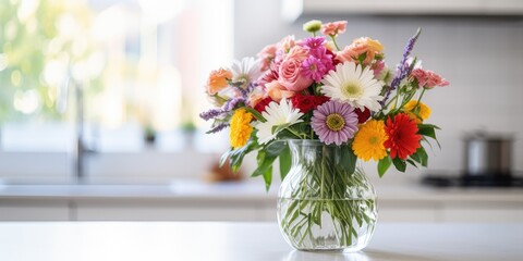 Floral bouquet on kitchen counter with modern white background. Home decor details. Mother's day.