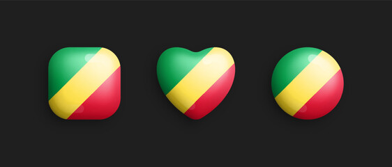 Republic of Congo Official National Flag 3D Vector Isolated Glossy Icons In Rounded Square, Heart And Circle Form. Congolese Sign And Symbols Graphic Design Elements Volumetric Buttons Collection