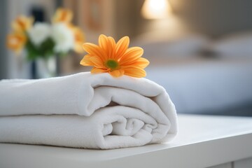 White spa towels are neatly folded and stacked to represent cleanliness and comfort in a bathroom or spa.