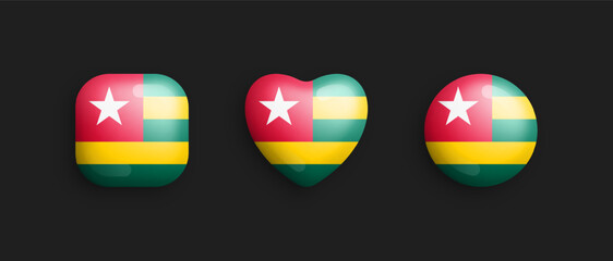 Togo Official National Flag 3D Vector Glossy Icons In Rounded Square, Heart And Circle Form Isolated On Background. Togian Sign And Symbols Graphic Design Elements Volumetric Buttons Collection