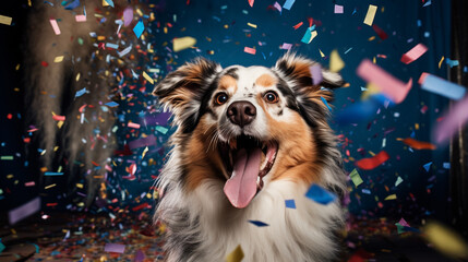 Fototapeta na wymiar happy dog,New year, carnival or birthday concept with falling confetti.Generative AI
