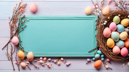 Obraz premium Easter eggs and willow on wooden background with blank blue card. Greeting card for Valentine's Day