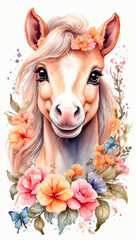little cute pony in flowers. Watercolor style, printing on t-shirts