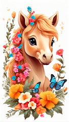 Naklejka premium little cute pony in flowers. Watercolor style, printing on t-shirts